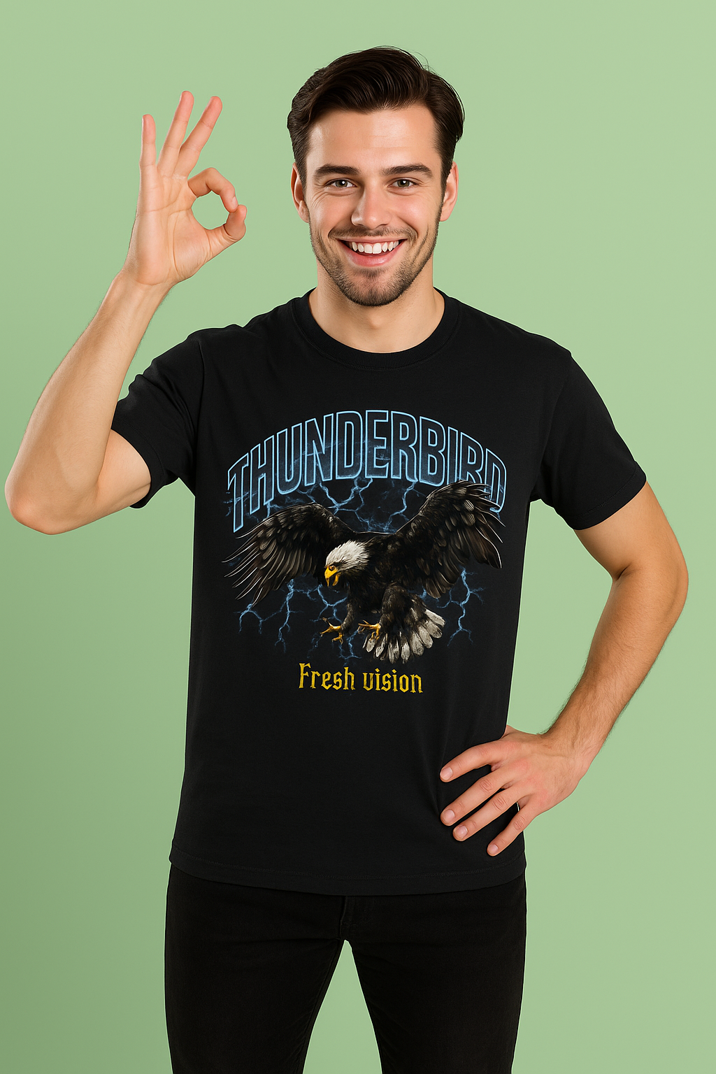 Man wearing a black t-shirt with a Thunderbird graphic and text on a green background