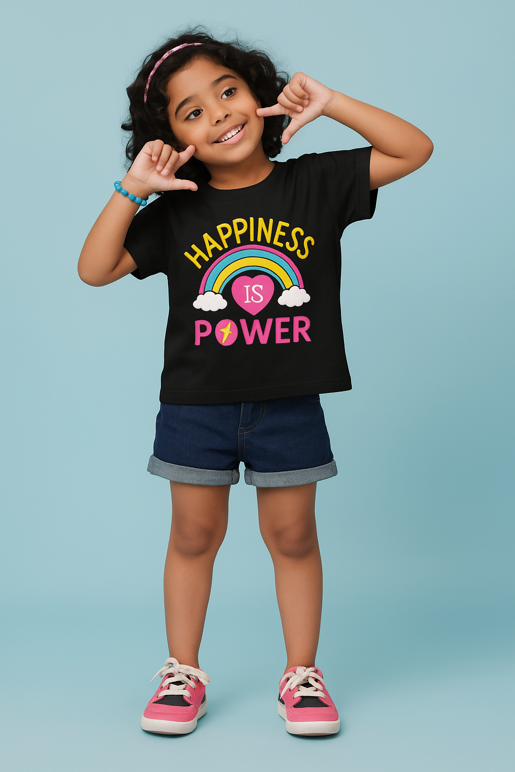 Child wearing a black t-shirt with a colorful graphic and text, standing against a light blue background