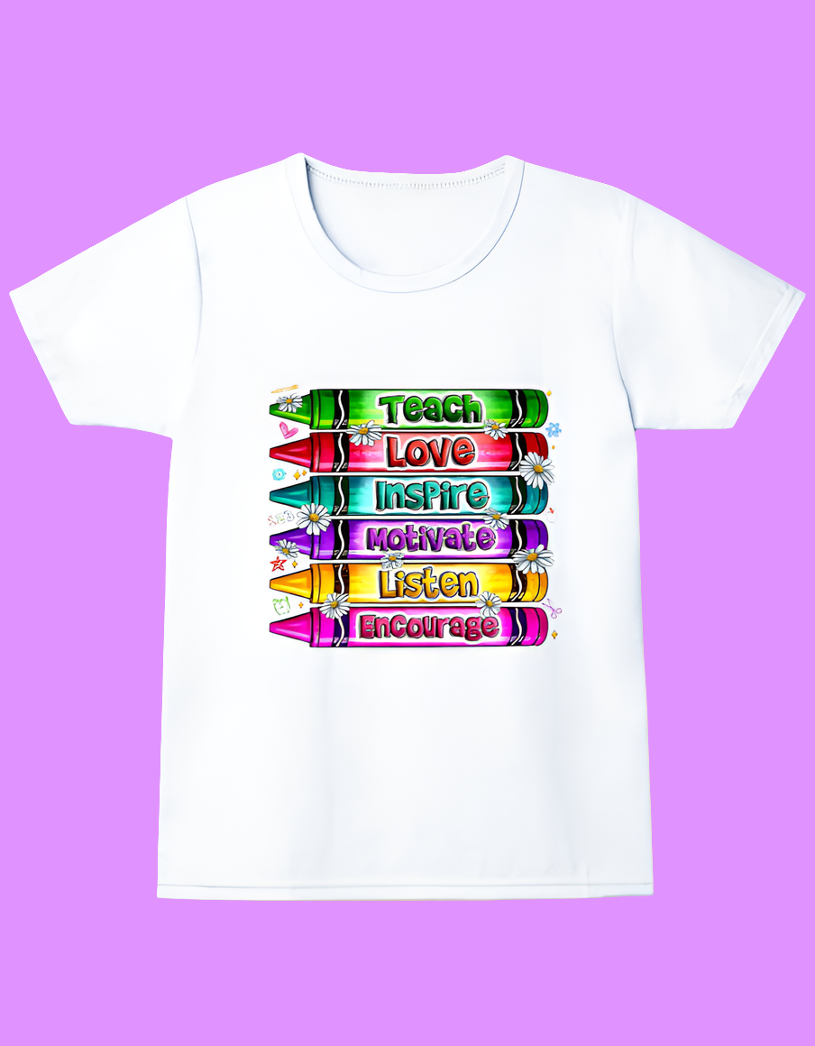 White t-shirt with colorful crayon design and motivational text on a purple background