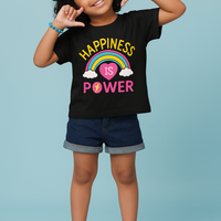 Child wearing a black t-shirt with a colorful graphic and text, standing against a light blue background